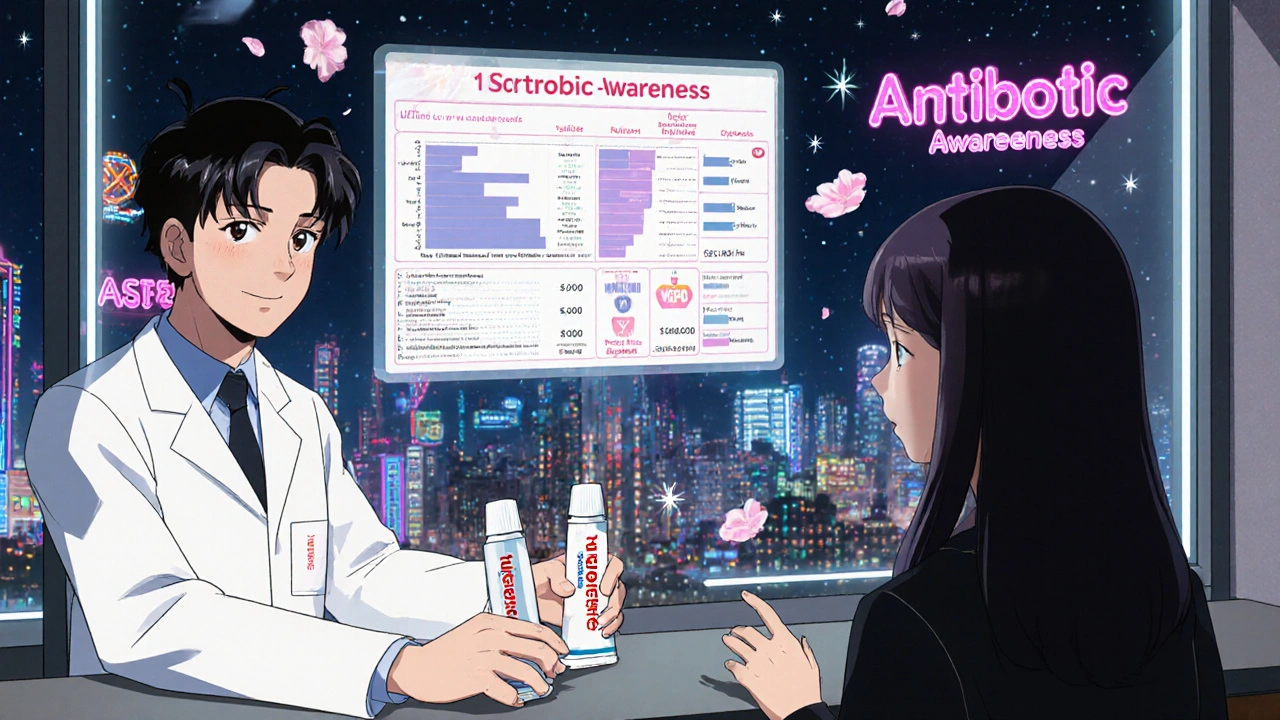 A pharmacist offering generic and branded mupirocin tubes side by side, with a floating pixel-art comparison chart behind them.