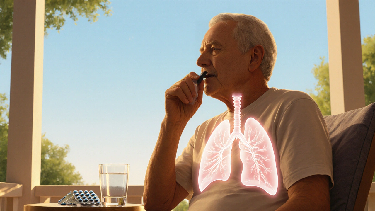 Adult on a sunny porch breathing easily, with a faint airway diagram indicating clear lungs.