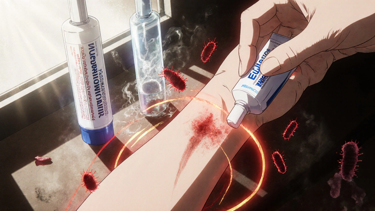 An infected wound being treated with Fucidin cream as bacteria dissolve, with Bactroban breaking into pixels in the background.