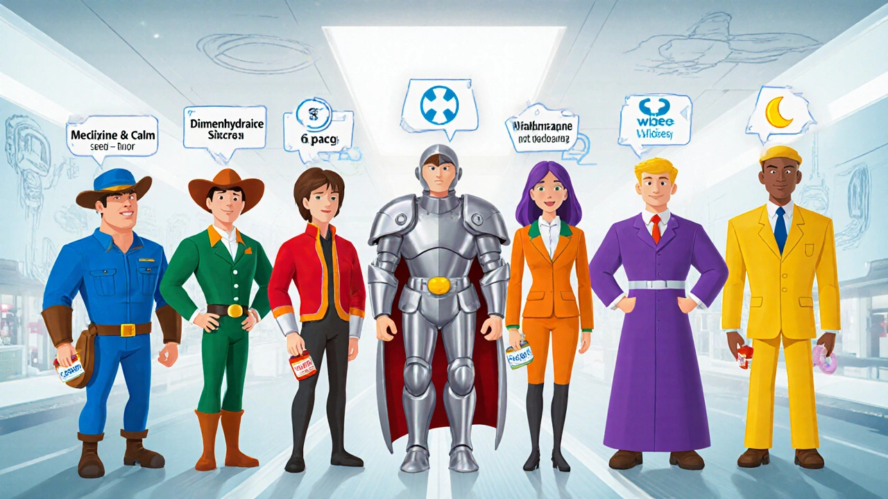 Animated characters personify seven motion‑sickness drugs, each with icons for effects.
