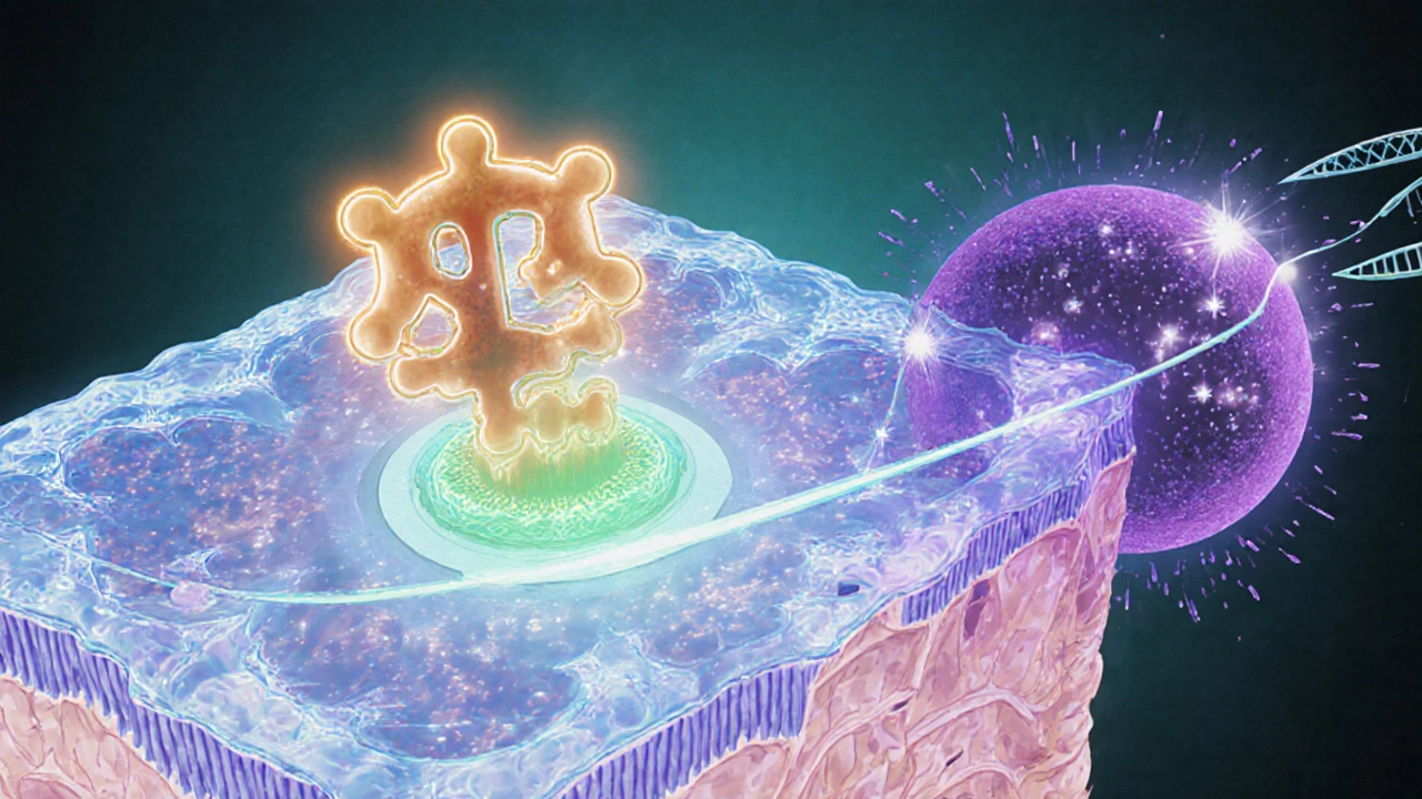 Animated skin cell showing mometasone binding to a glucocorticoid receptor and entering the nucleus.