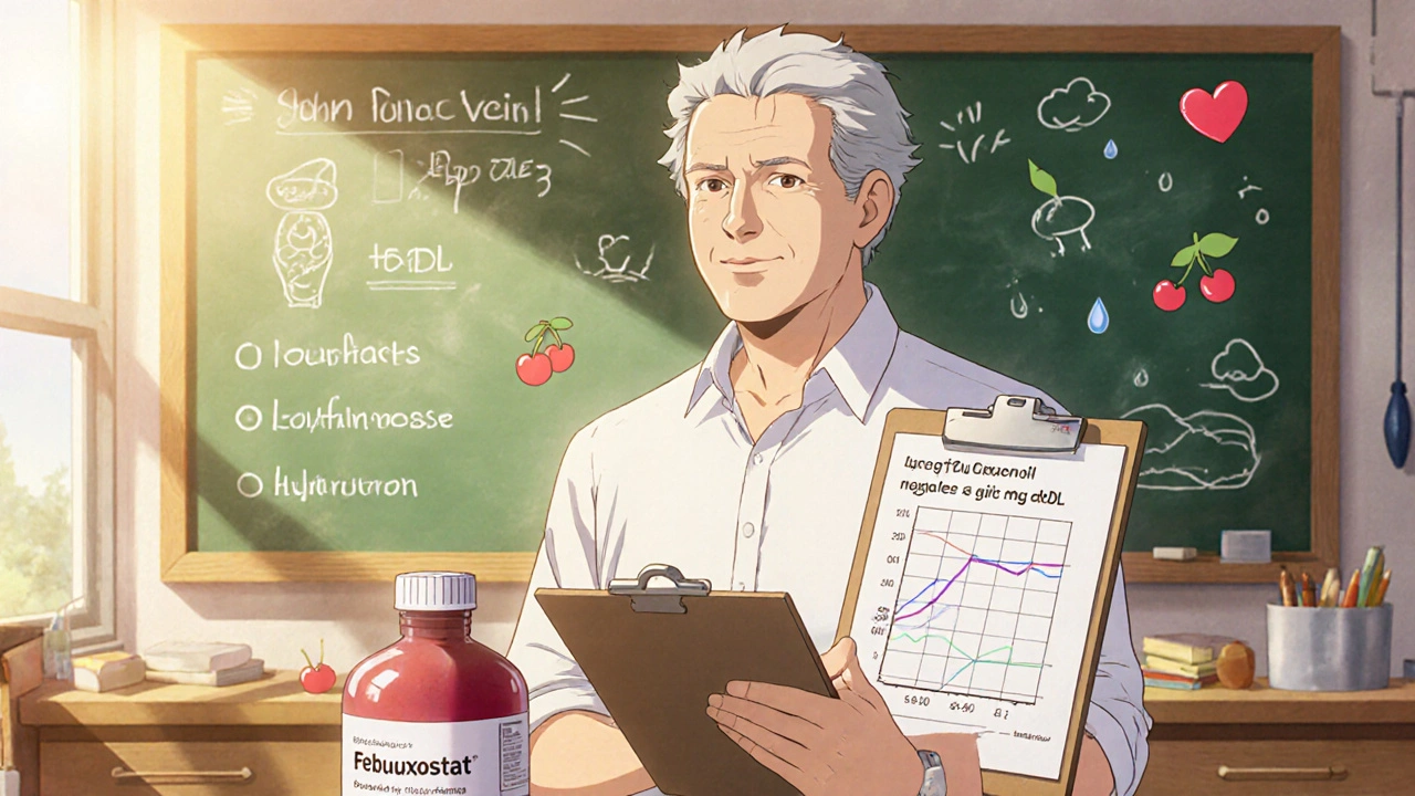 Carpenter John in a sunny workshop holding a chart of lowered uric acid, Febuxostat bottle and cherry juice beside him.