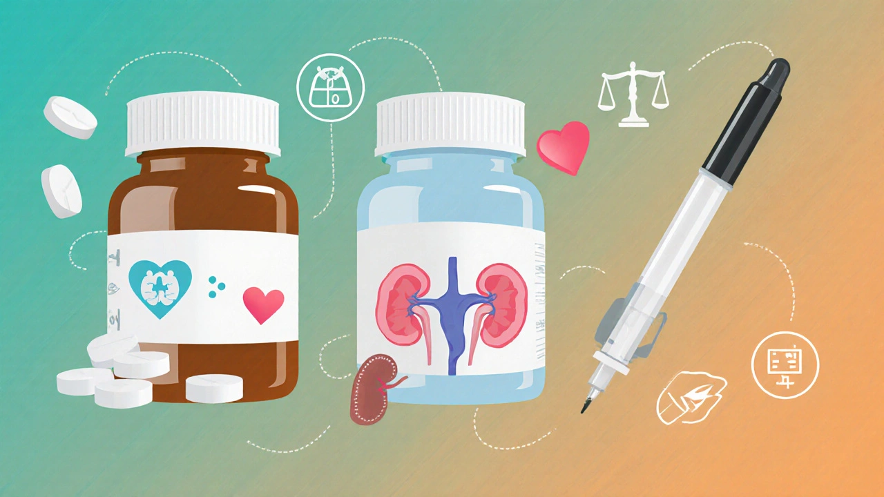 Collage showing various diabetes drug forms with icons for heart, kidney, weight, and hypoglycemia.