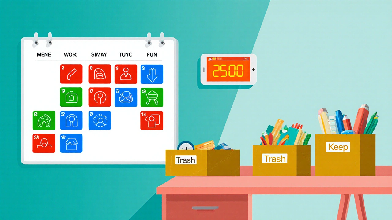 Color‑coded calendar, sorted zones, and Pomodoro timer on a tidy desk.