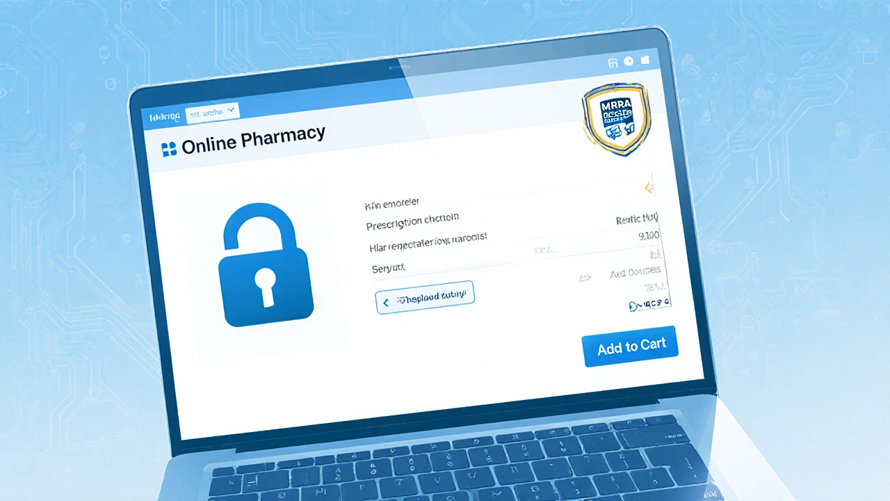 Computer screen showing a secure pharmacy website with lock icon, prescription upload icon, and checkout button.