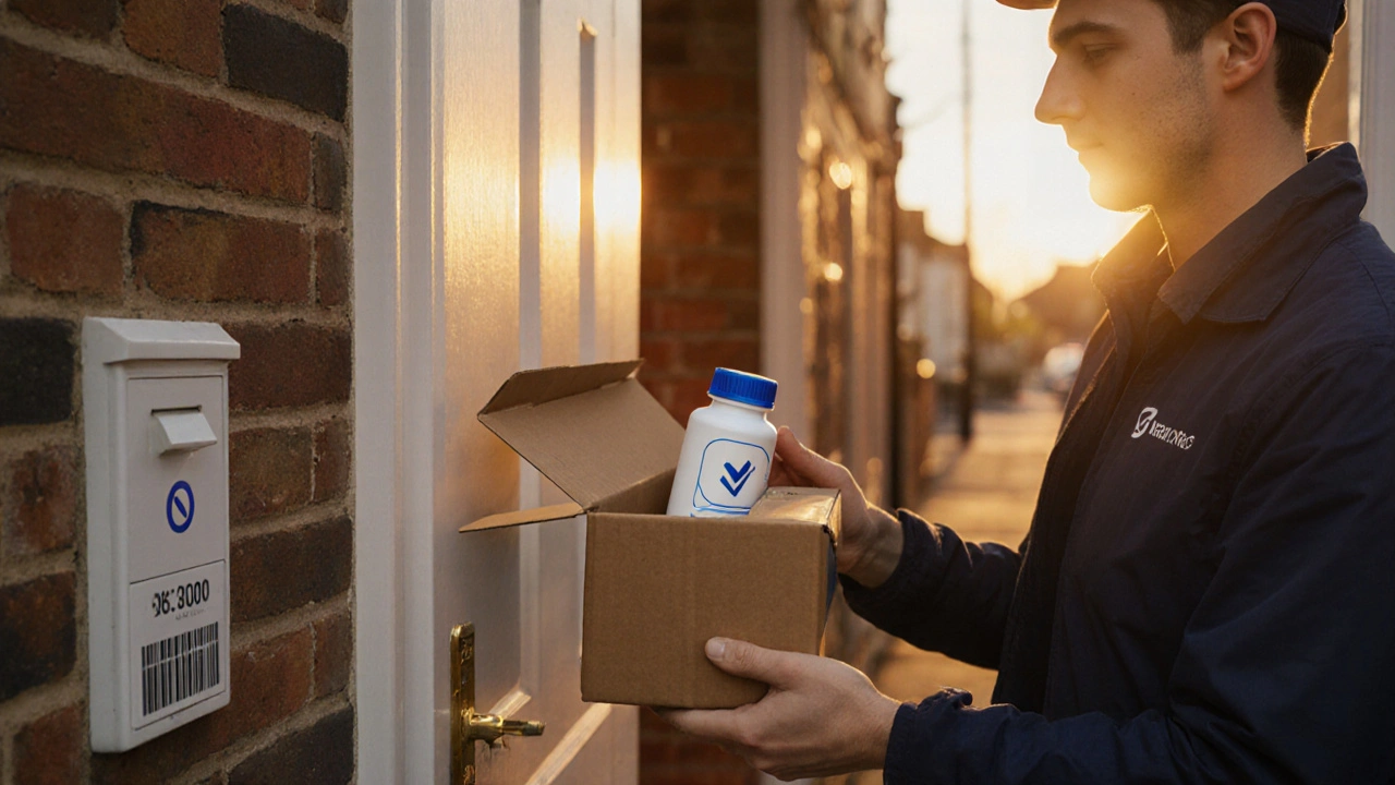 Courier delivering a parcel containing a generic pill bottle at a UK home.