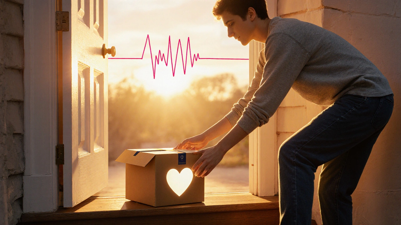 Delivery box on a doorstep with a heart-shaped glow, representing safe atenolol medication arriving home.