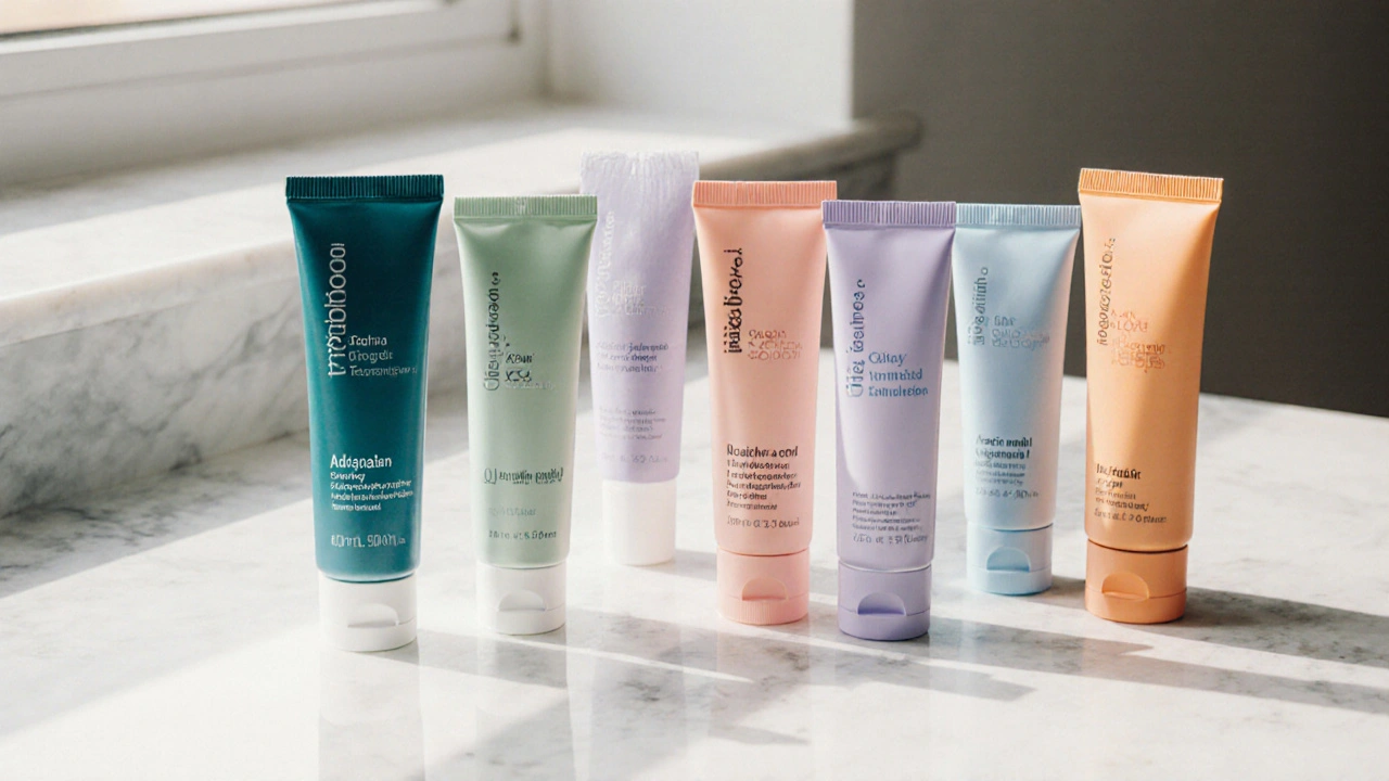 Flat‑lay of prescription and OTC skincare bottles arranged on marble.