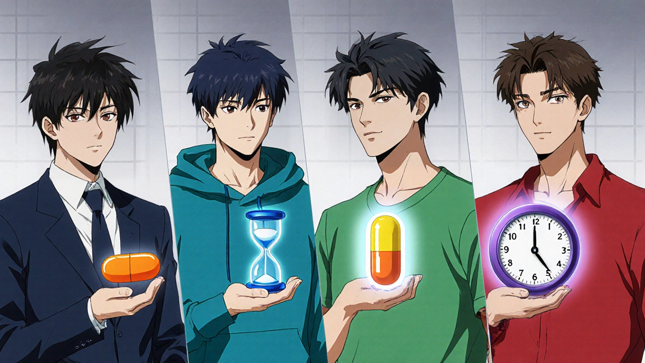 Four characters each holding a different ED pill with hourglass and clock symbols.