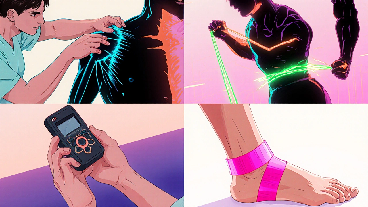 Four panels show manual therapy, resistance band exercise, TENS treatment, and kinesiology taping.