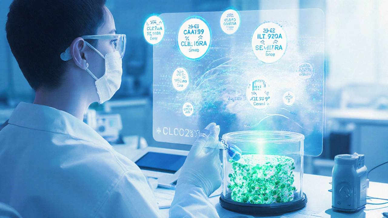 Futuristic lab showing gene icons and CRISPR editing of stem cells for candidemia.