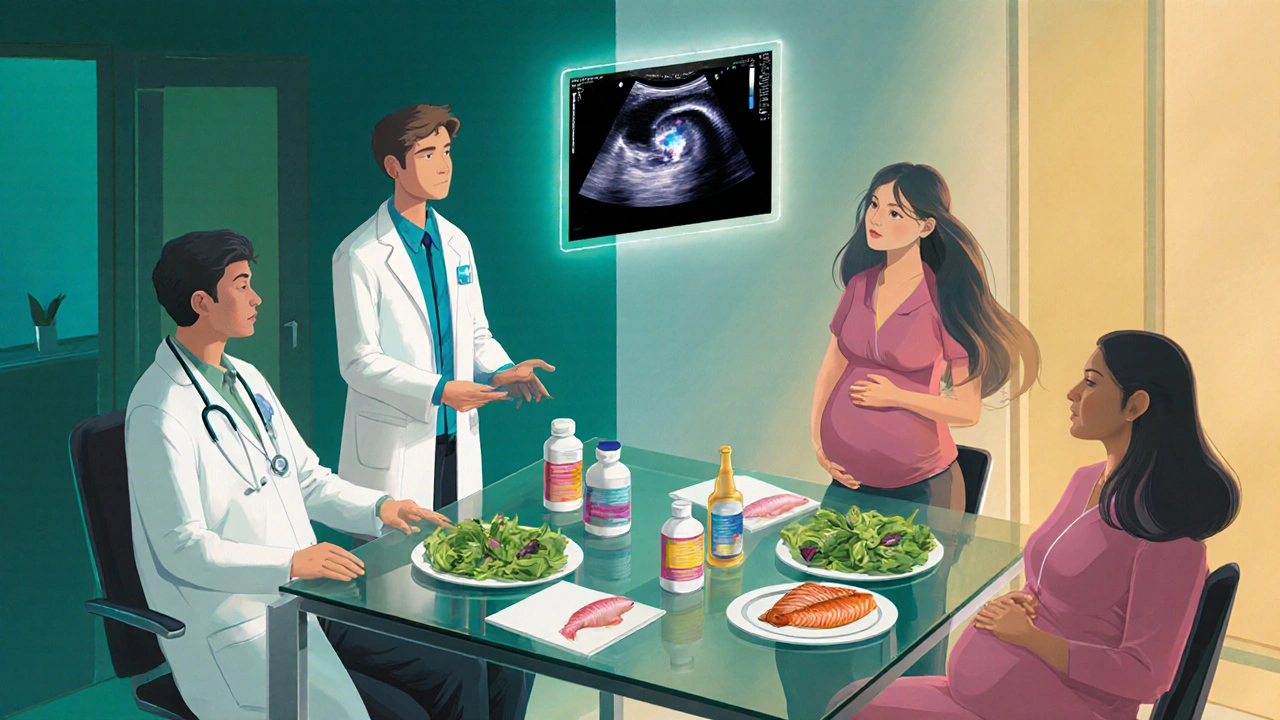 Healthcare team discussing pregnancy plans with a pregnant couple, showing nutrition and medical care.