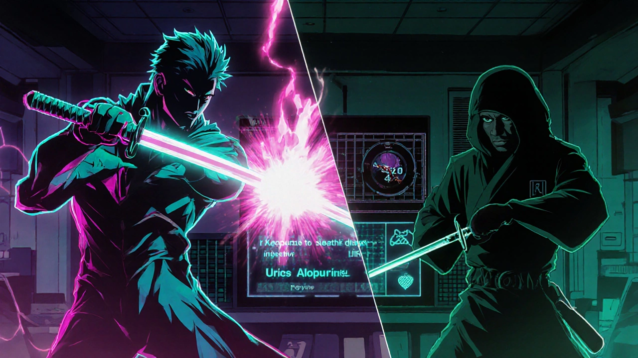 Heroic Febuxostat figure slashing Xanthine Oxidase beside Allopurinol figure, with uric acid levels falling on split screen.