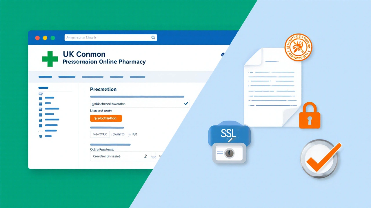 Illustrated checklist showing UK address, EU logo, prescription upload, and secure payment icons.