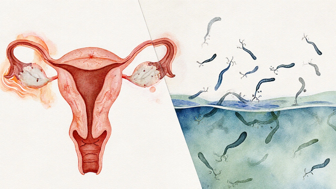 Illustrated comparison of how colitis can affect female reproductive organs and male sperm.