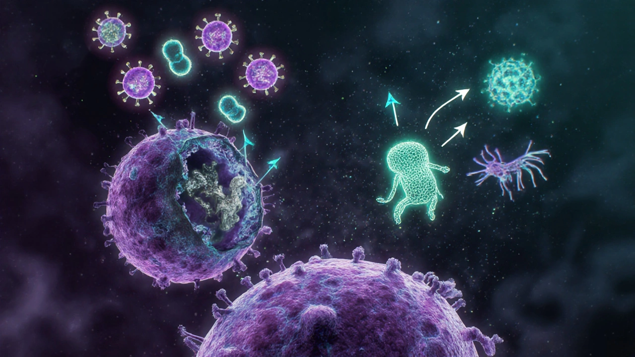 Immune cells fighting Candida with highlighted Dectin‑1, CARD9, and IL‑17 signals.