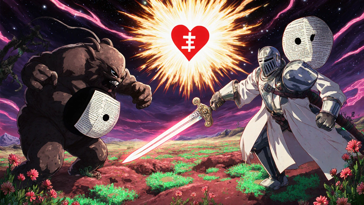 Knight in cardiologist coat battles shadowy &#039;Liver Fear Monsters&#039; in a liver landscape with glowing healthy cells.