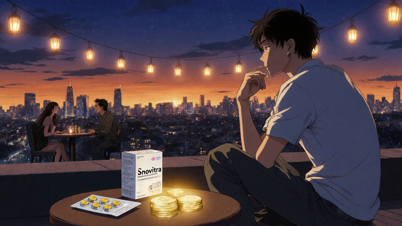 Man on rooftop at sunset with Snovatra pack, coins, and glowing future tablet.