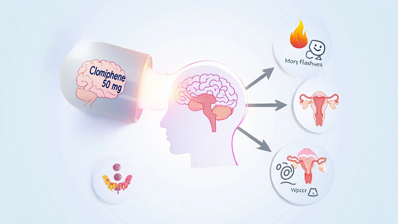 Medical illustration of a clomiphene tablet affecting brain, pituitary, and ovaries with side‑effect icons.