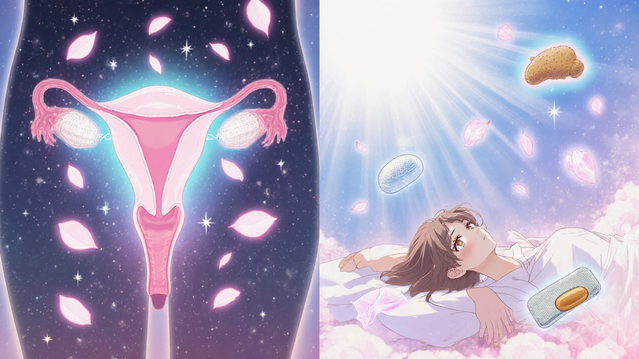 Mirena IUD glowing inside uterus with petals and stars, woman at peace under sunlight.