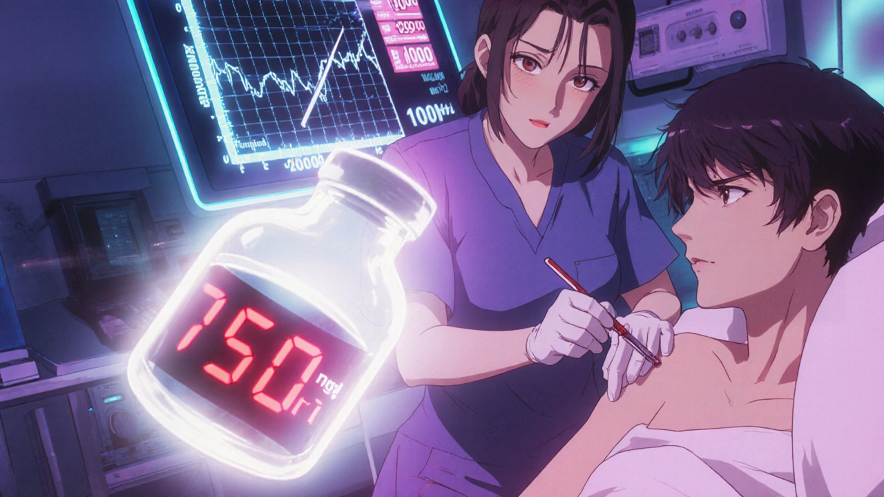 Nurse draws blood for trough sample while lab screen shows low level.