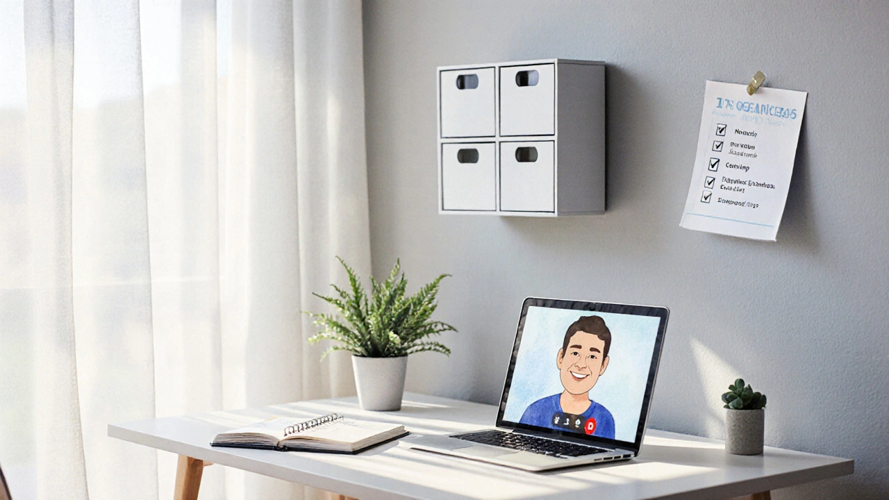 Organized office with laptop video call, planner, and completed checklist.