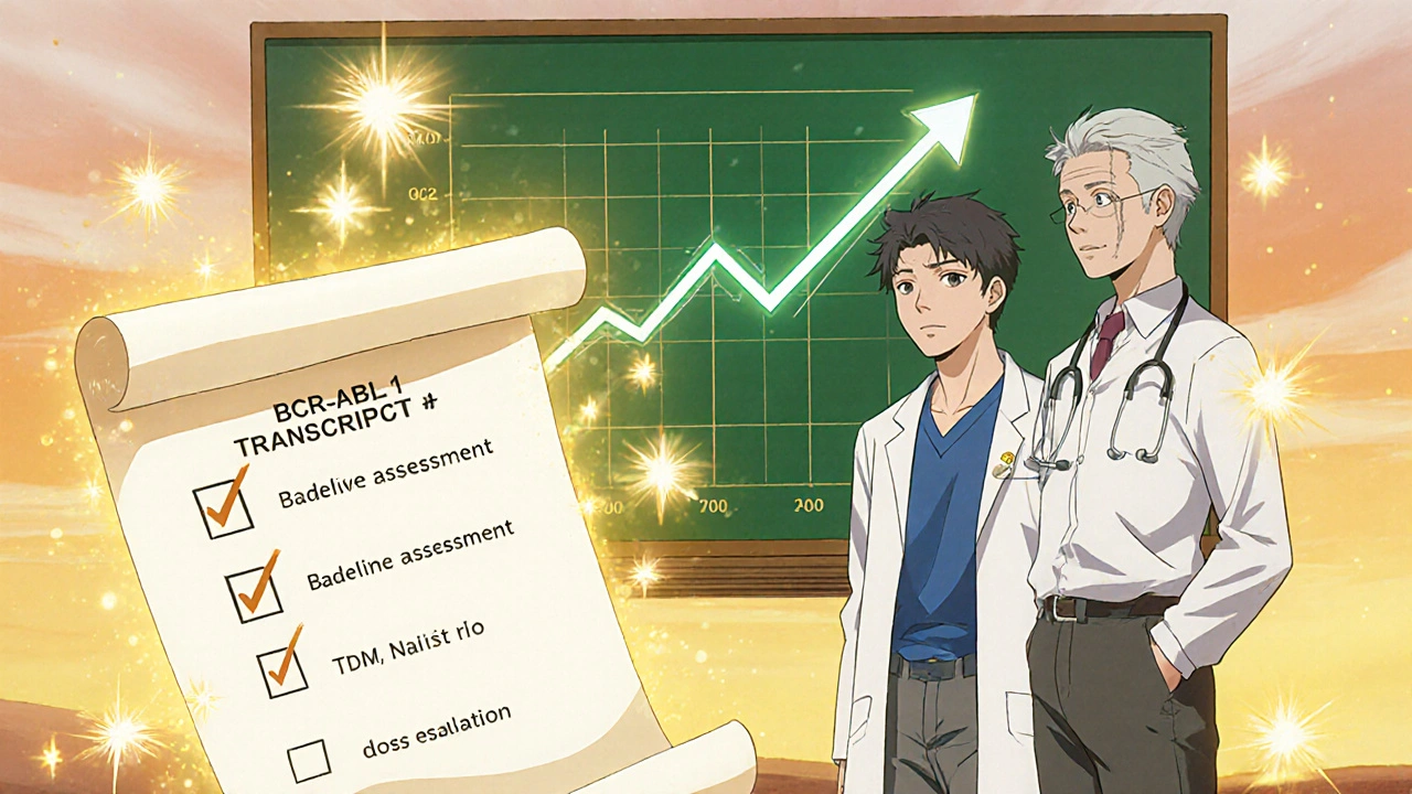 Patient celebrates major molecular response after dose increase, anime style.