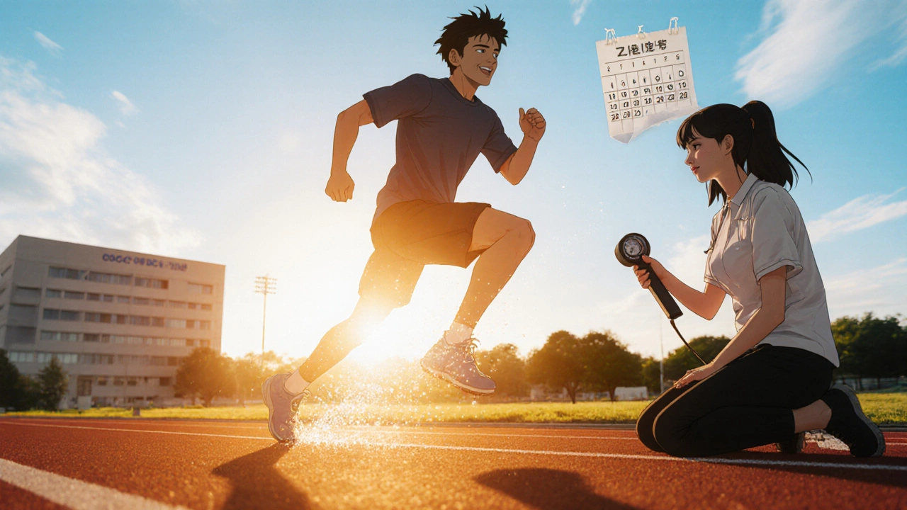 Patient performs a single‑leg hop outdoors while therapist records progress with a goniometer.