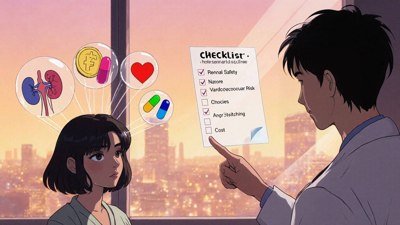 Patient reviewing drug icons and a checklist to decide gout treatment.