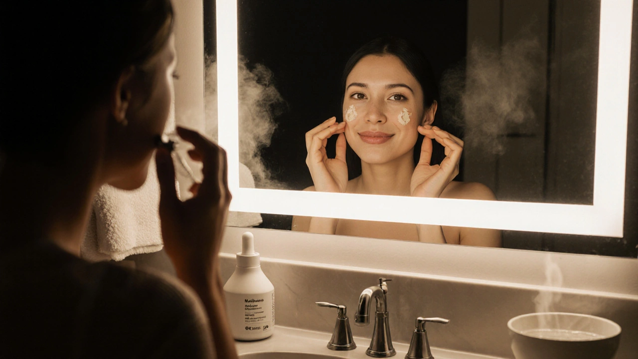 Person applying adapalene and niacinamide at night beside a moisturizer and SPF.