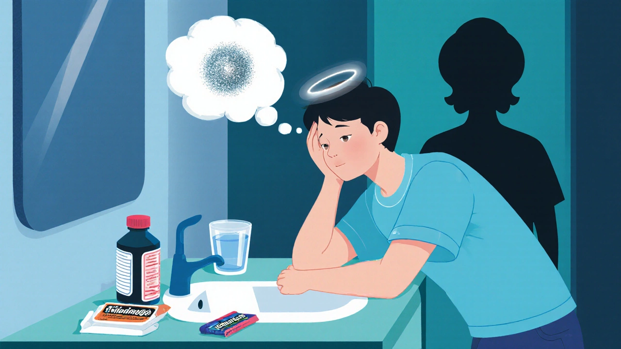 Person near a sink with thought bubbles of metallic taste and headache, plus water and gum.