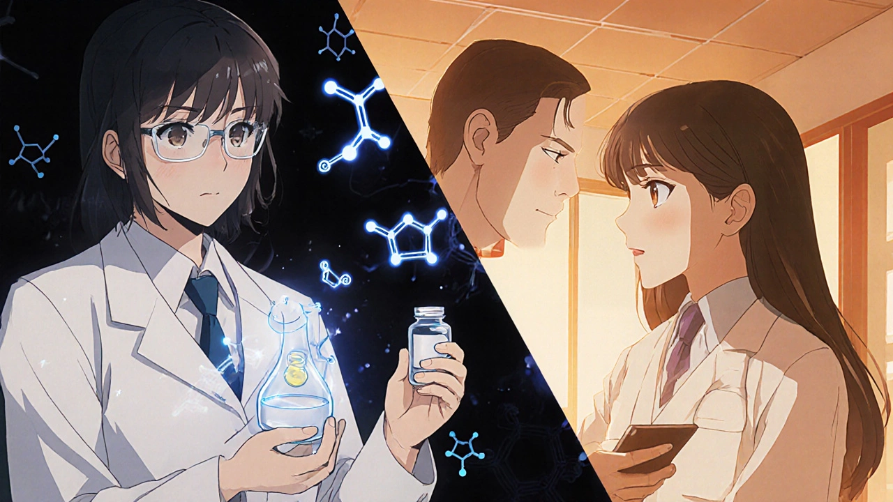 Researcher showing tibolone vial beside doctor giving pill bottle to patient, illustrating treatment study.