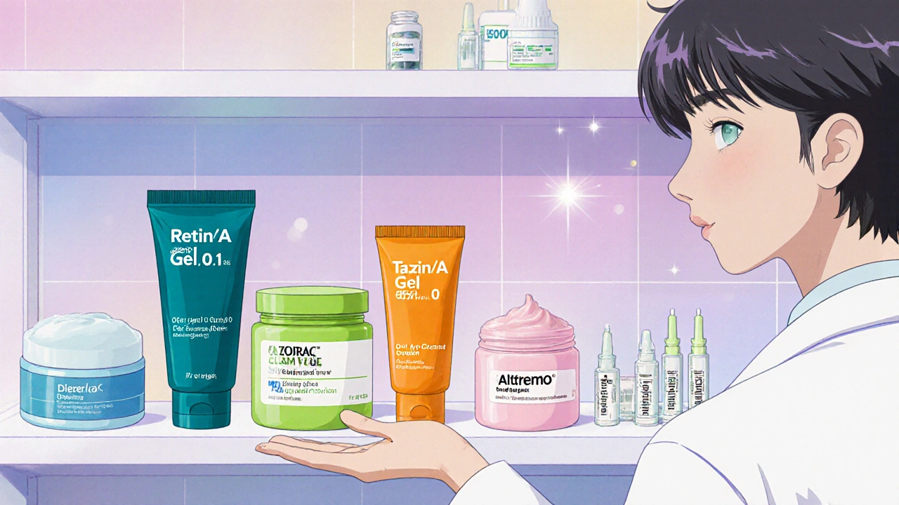 Shelf of various retinoid containers illustrated in 90s anime aesthetic.