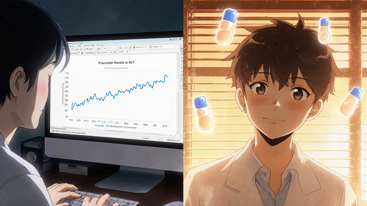 Split scene: worried patient with rising enzyme chart, then smiling with normalized numbers and glowing statin pills.