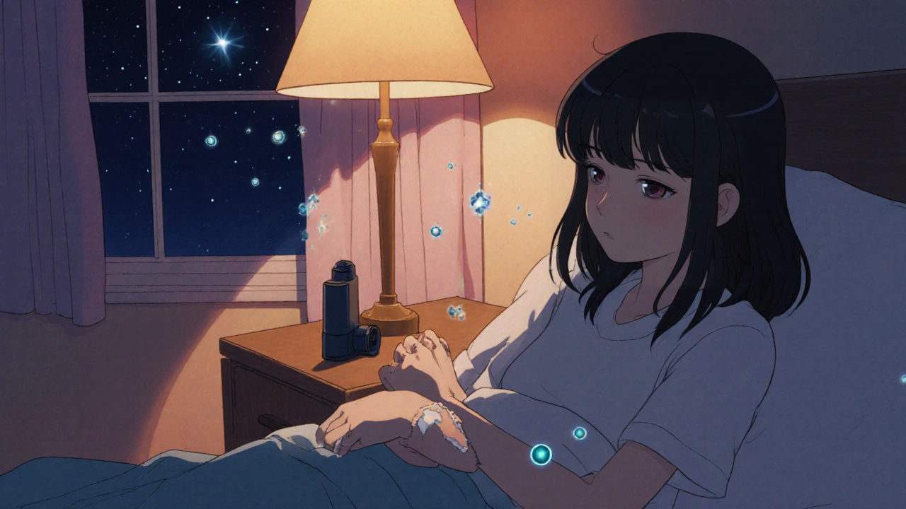 Teen applying mometasone cream with an inhaler nearby, surrounded by soft night lighting.