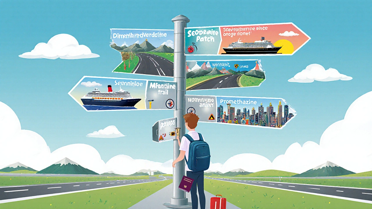 Traveler at airport signpost choosing paths representing different medication options.