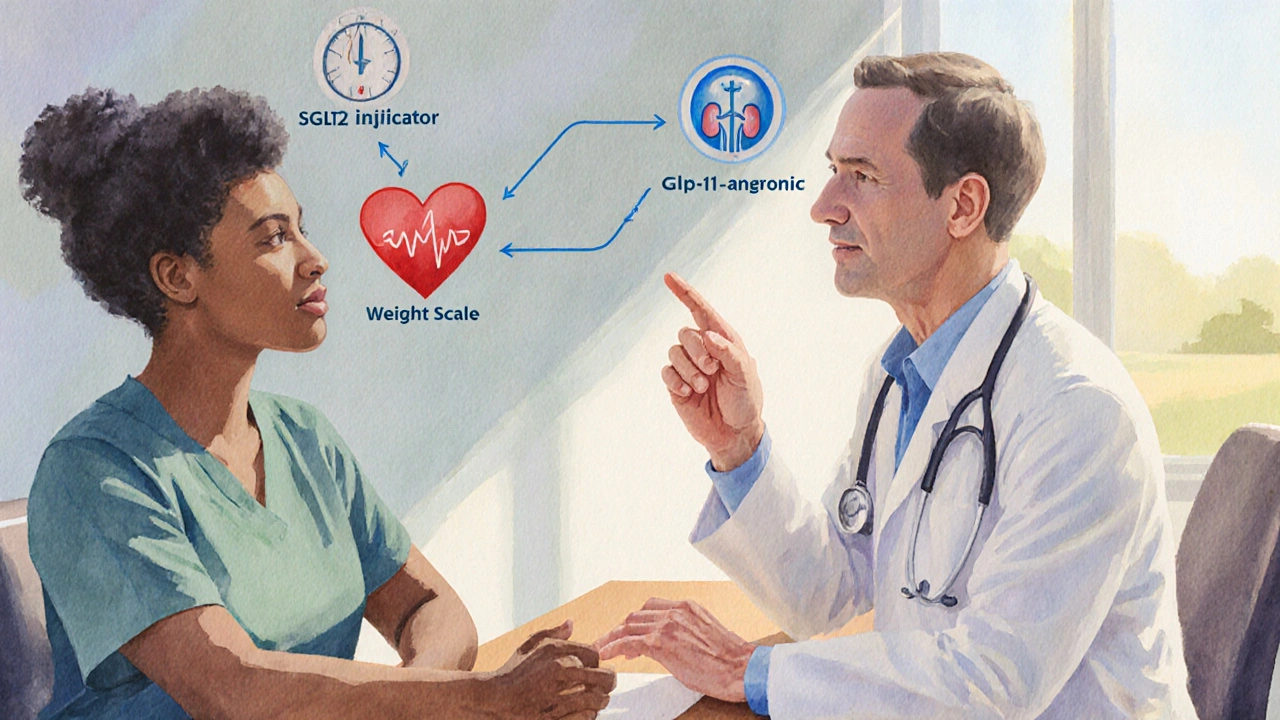 Watercolor scene of doctor discussing personalized diabetes medication options with a patient.