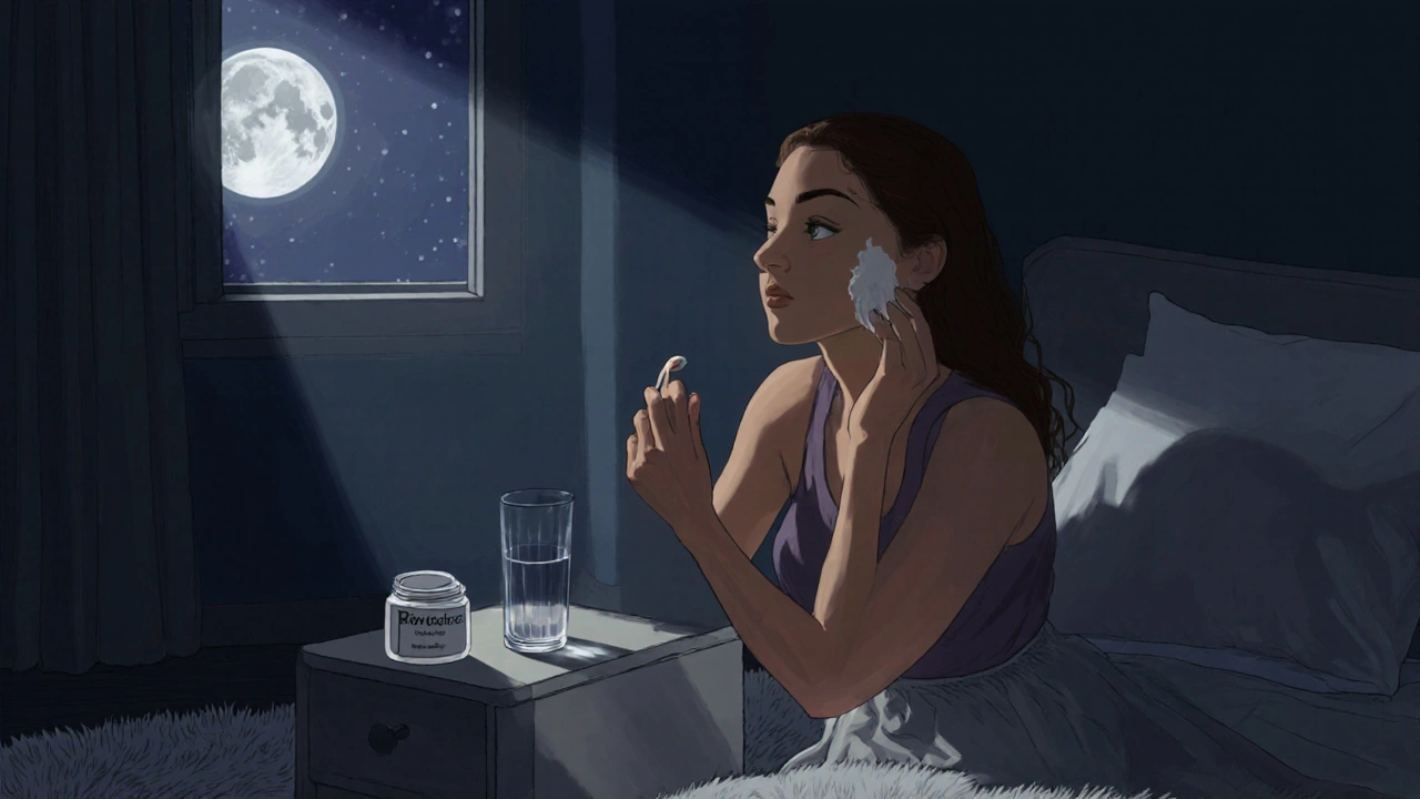 Woman applying a small amount of retinoid cream at night beside a moisturizer and moonlit window.