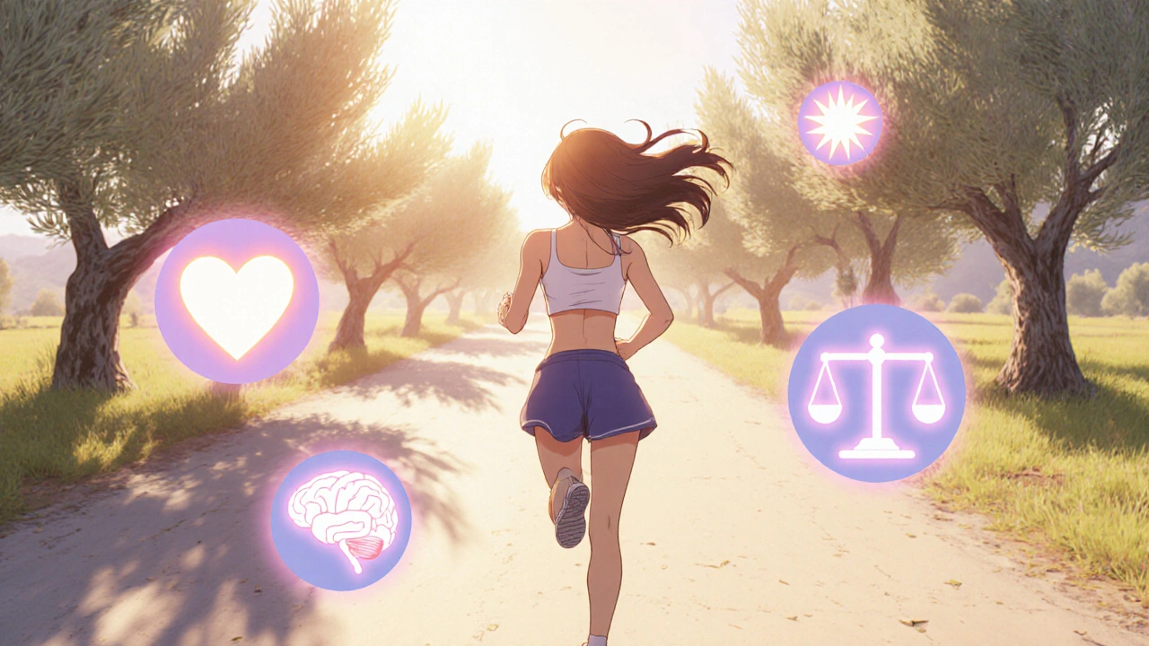 Woman jogging on sunrise path with floating icons of heart, brain, and hormonal balance, representing wellness.