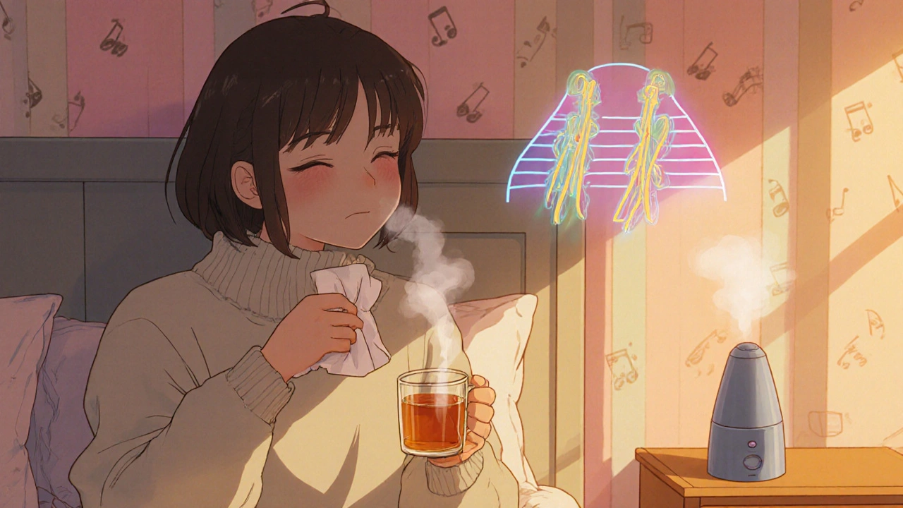 Young vocalist sipping tea, humming, with tissue, humidifier, and glowing cords.