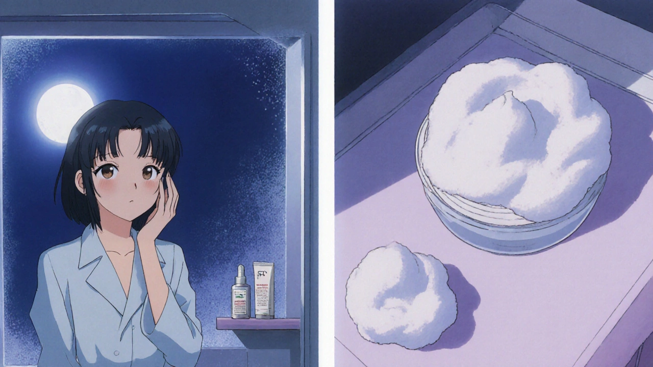 Young woman applying retinoid gel at night with moisturizer in 90s anime style.