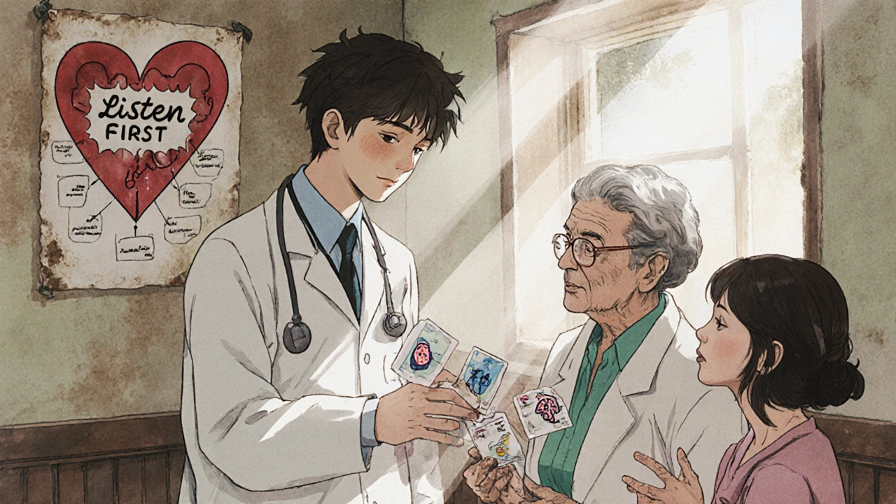 A doctor explains diabetes to an elderly woman using illustrated cards, with her granddaughter translating in a sunlit rural clinic.
