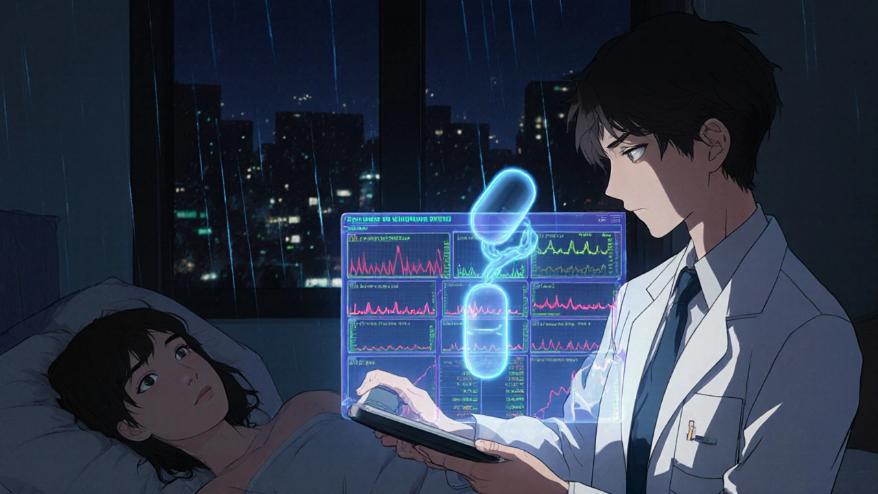 A doctor viewing holographic health data from a digital pill system, with biometric patterns floating in the air.