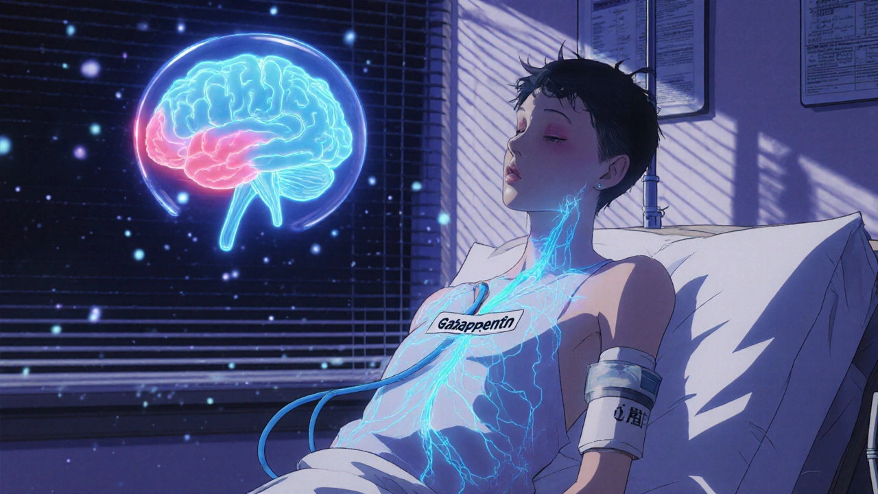 A patient in a hospital room with glowing neural pathways and a lit-up brain showing phantom pain signals.