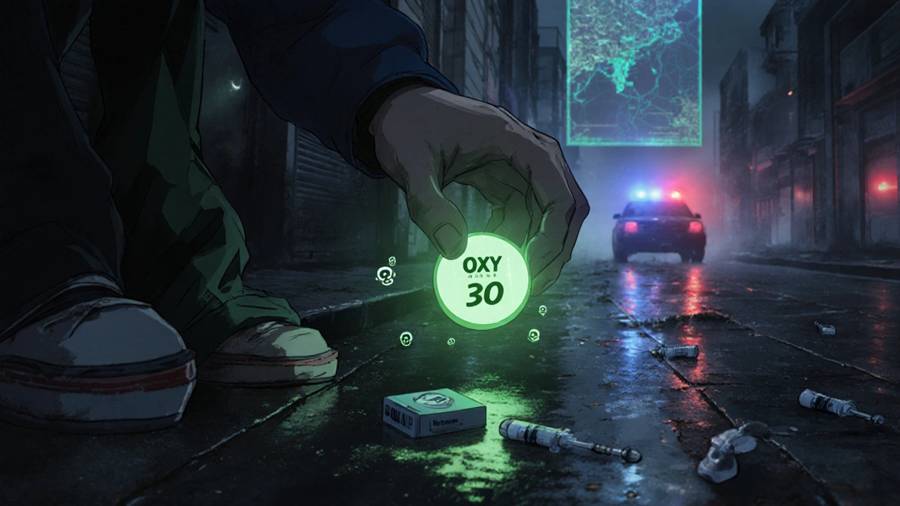 A person reaching for a glowing counterfeit pill in a dark alley with fentanyl symbols.