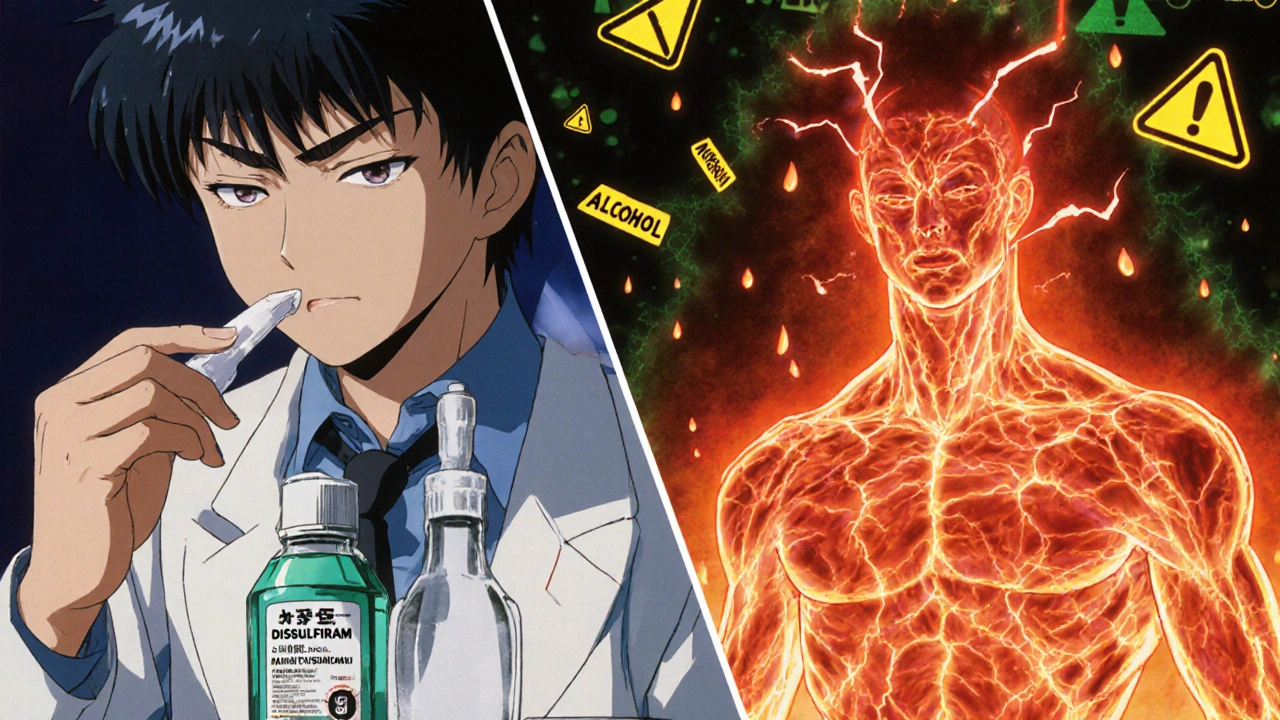 A person takes medication while surrounded by alcohol products, with a surreal hallucination of fiery reactions erupting from their body.