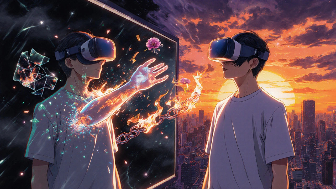 A person wearing a VR headset, seeing their phantom limb move in a holographic mirror with pain symbols fading away.