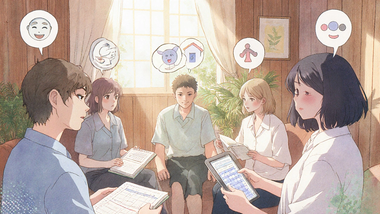 A supportive group therapy circle in a sunlit room, individuals sharing journals and holding hands in quiet solidarity.