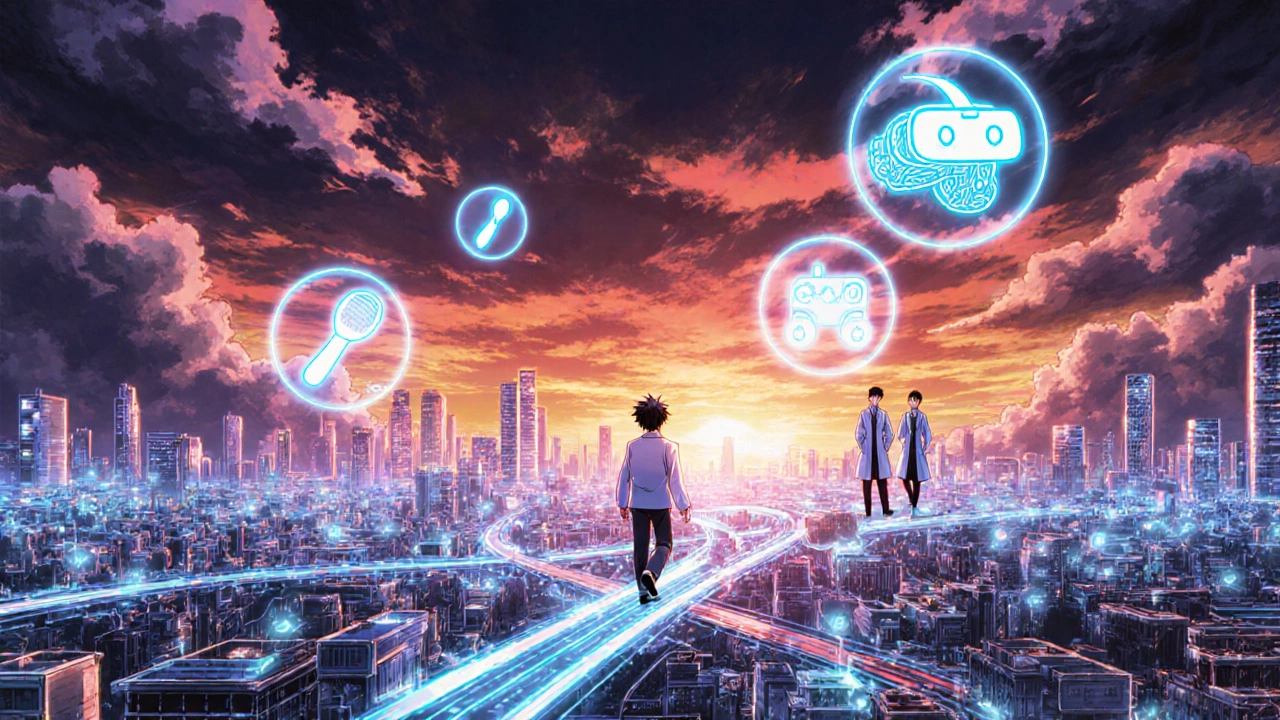 Brain as a glowing city with new neural roads, patient walking guided by holograms, cyberpunk sunset lighting.