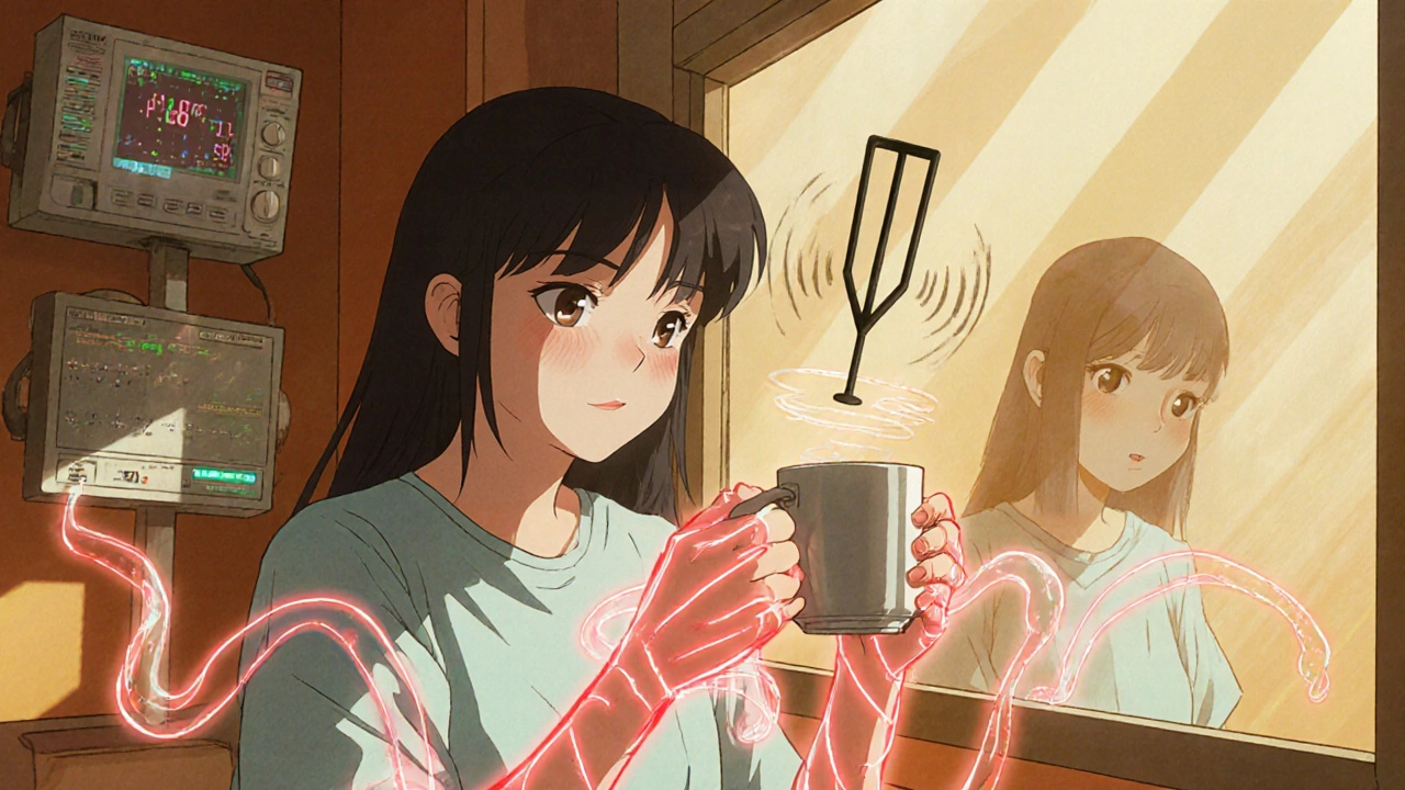 Cancer patient trembling as chemo affects her hands, with medical monitors showing damaged nerve signals.